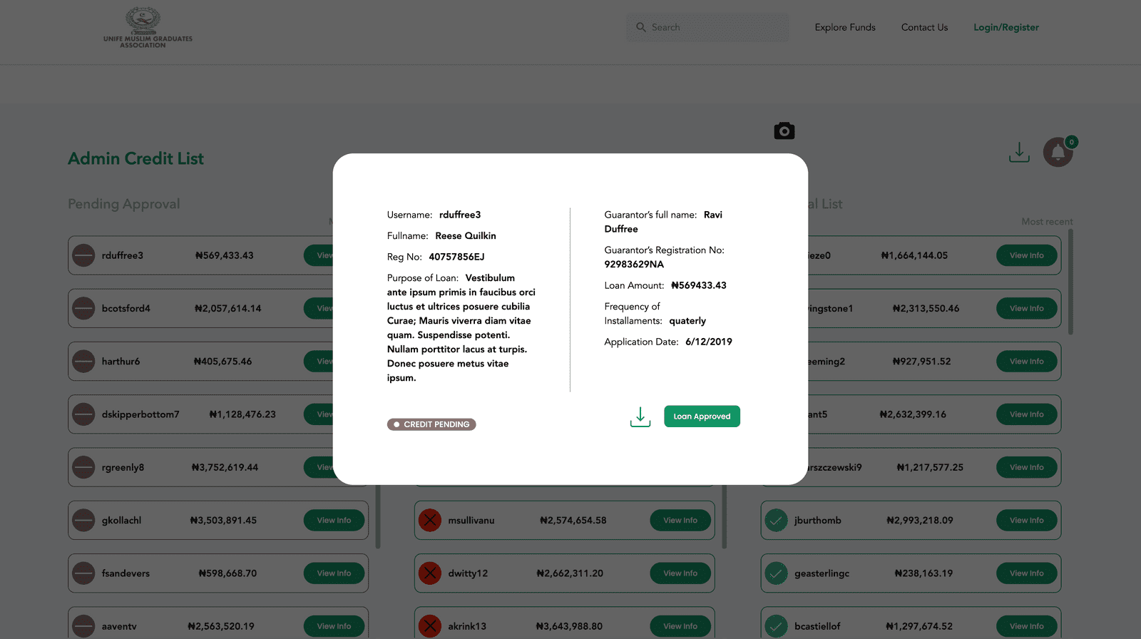 UNIFEMGA admin list modal component