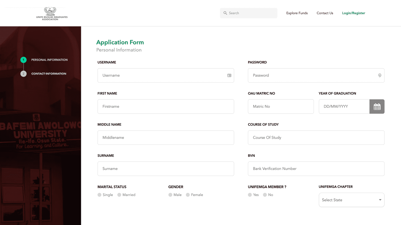 UNIFEMGA application form page